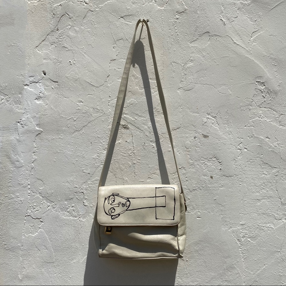 Vintage cream real leather long hanging purse
